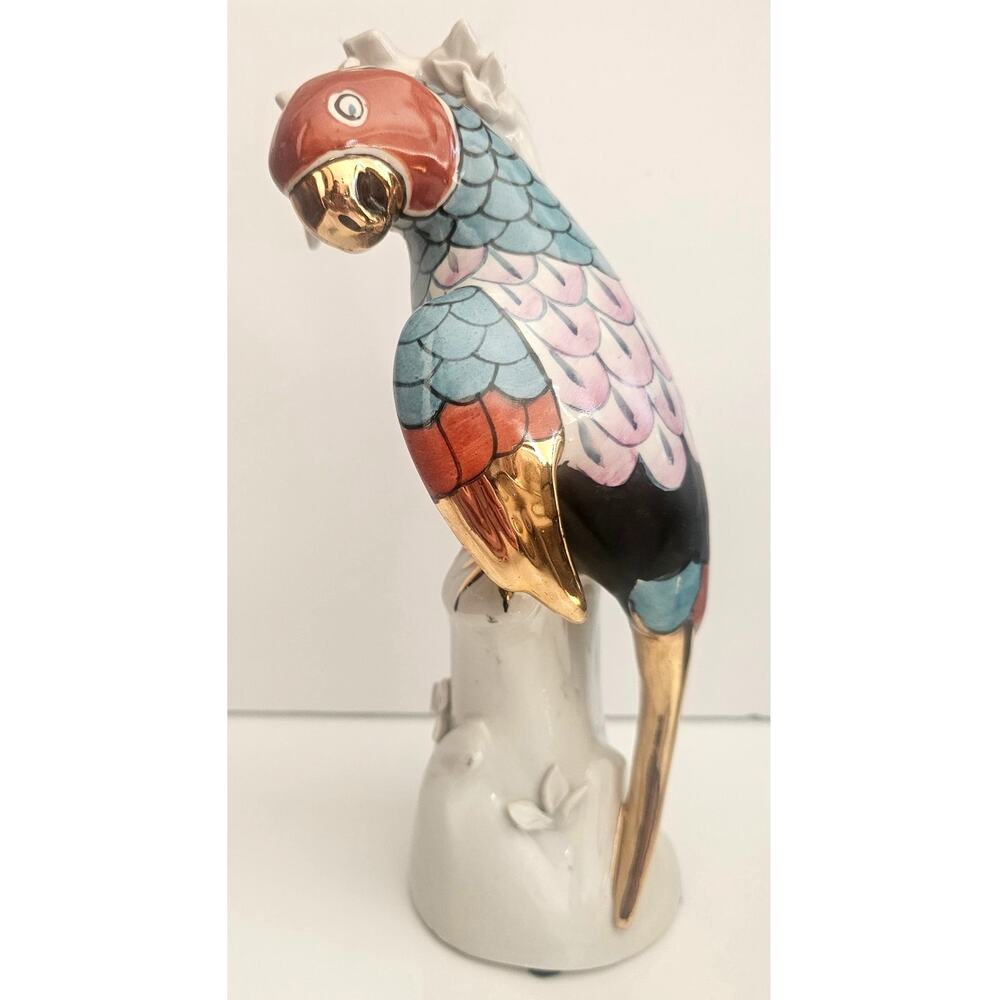 Kinder-Harris Macaw Parrot Figurine Sculpture Hand painted Porcelain Gold Gild